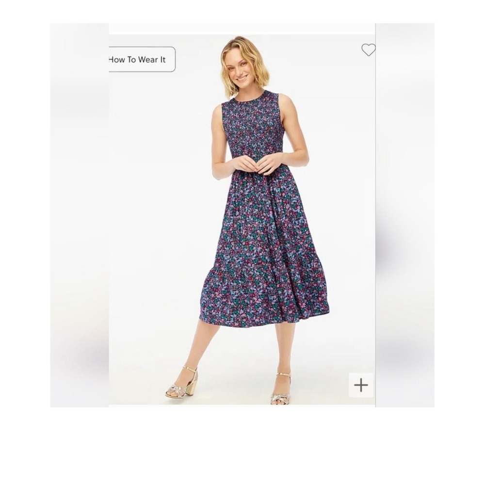 J.Crew Womens Smocked Tiered Maxi Dress M Navy Pink Ditsy Floral Ecovero Viscose